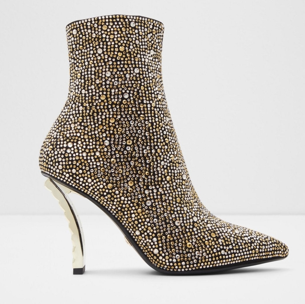 NEW Aldo Black/Gold Studded Lure Curved Heel Ankle Booties 6 - Picture 4 of 12
